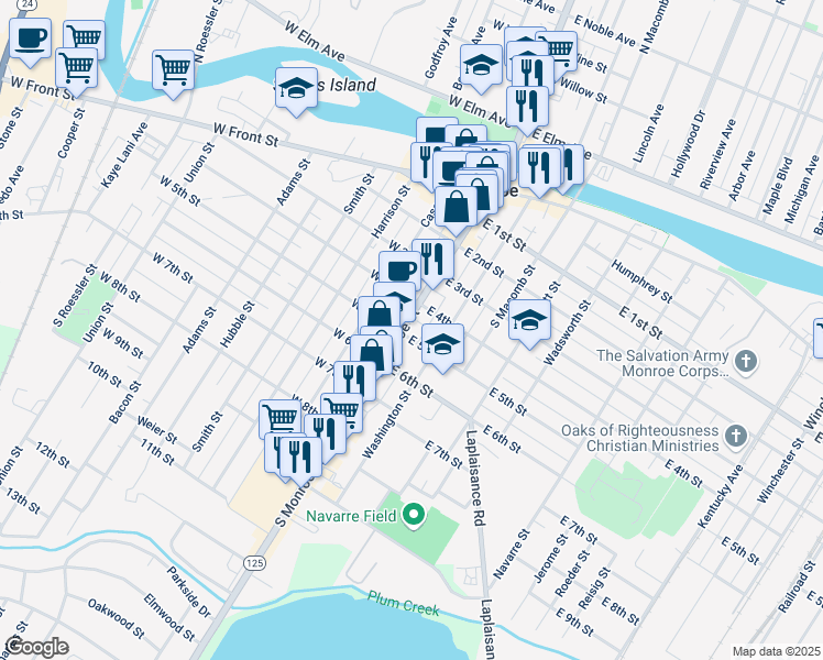 map of restaurants, bars, coffee shops, grocery stores, and more near 453 South Monroe Street in Monroe