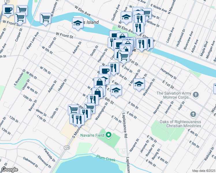 map of restaurants, bars, coffee shops, grocery stores, and more near 453 South Monroe Street in Monroe