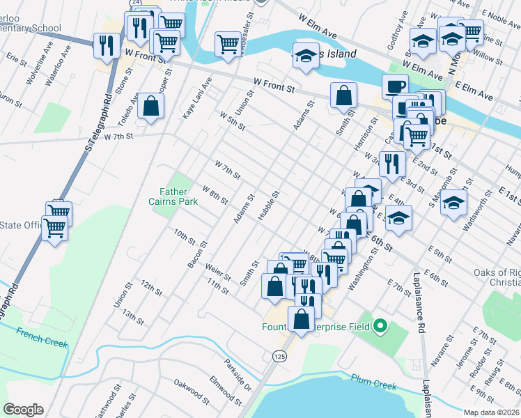map of restaurants, bars, coffee shops, grocery stores, and more near 708 Hubble Street in Monroe