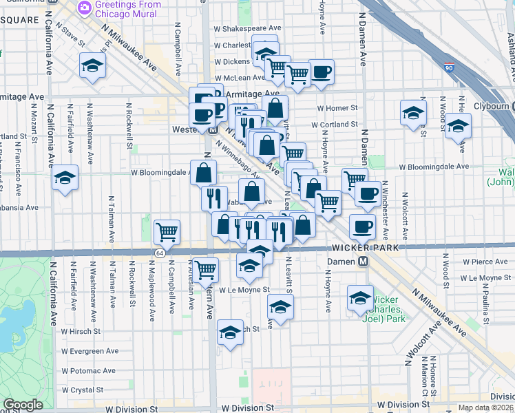 map of restaurants, bars, coffee shops, grocery stores, and more near 1736 North Winnebago Avenue in Chicago