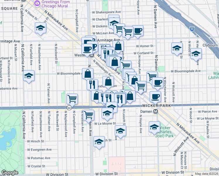 map of restaurants, bars, coffee shops, grocery stores, and more near 2255 West Wabansia Avenue in Chicago