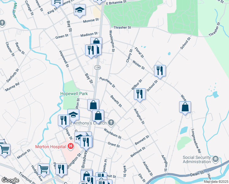 map of restaurants, bars, coffee shops, grocery stores, and more near 40 Purchase Street in Taunton
