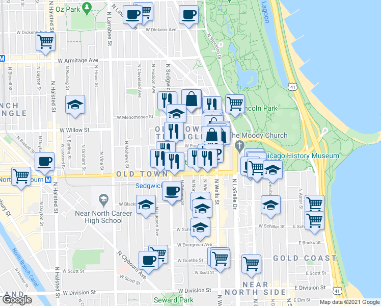 map of restaurants, bars, coffee shops, grocery stores, and more near 327 West Eugenie Street in Chicago