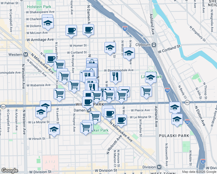 map of restaurants, bars, coffee shops, grocery stores, and more near 1723 North Wolcott Avenue in Chicago