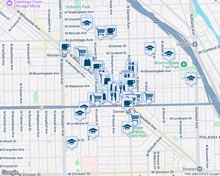 map of restaurants, bars, coffee shops, grocery stores, and more near 1731 North Milwaukee Avenue in Chicago