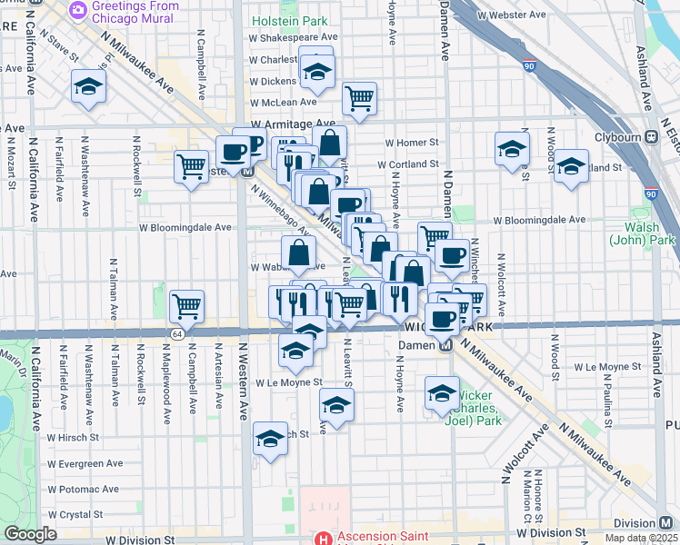 map of restaurants, bars, coffee shops, grocery stores, and more near 1720 North Leavitt Street in Chicago