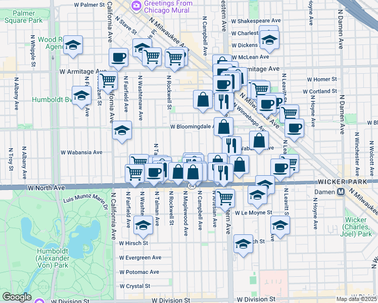 map of restaurants, bars, coffee shops, grocery stores, and more near 1728 North Campbell Avenue in Chicago