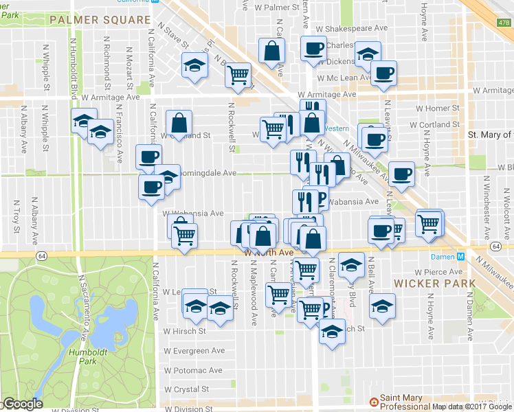 map of restaurants, bars, coffee shops, grocery stores, and more near 1728 North Campbell Avenue in Chicago
