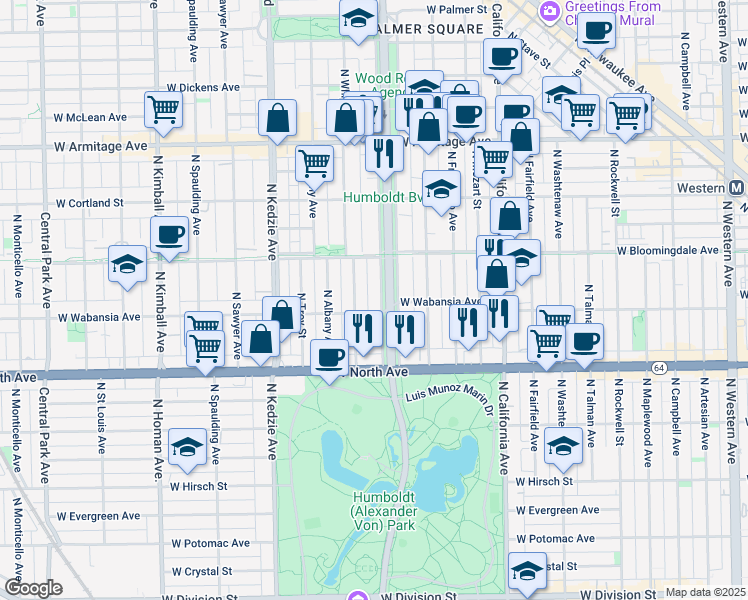 map of restaurants, bars, coffee shops, grocery stores, and more near 1728 North Humboldt Boulevard in Chicago