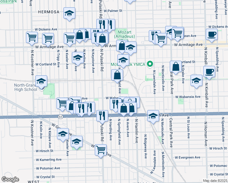 map of restaurants, bars, coffee shops, grocery stores, and more near 1750 North Springfield Avenue in Chicago