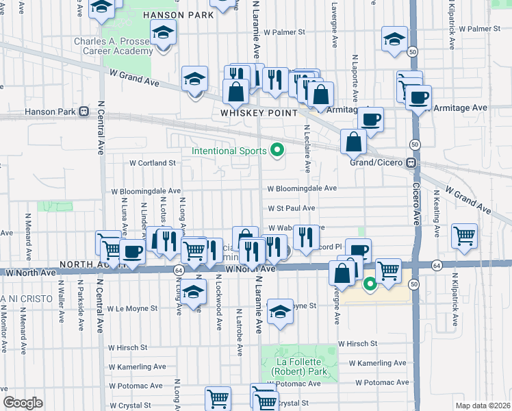 map of restaurants, bars, coffee shops, grocery stores, and more near 1758 North Laramie Avenue in Chicago