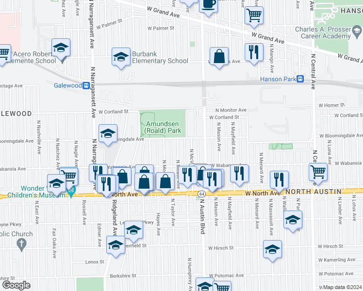 map of restaurants, bars, coffee shops, grocery stores, and more near 1801 North McVicker Avenue in Chicago
