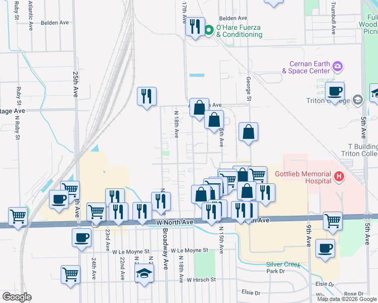 map of restaurants, bars, coffee shops, grocery stores, and more near 2020 North 17th Avenue in Melrose Park