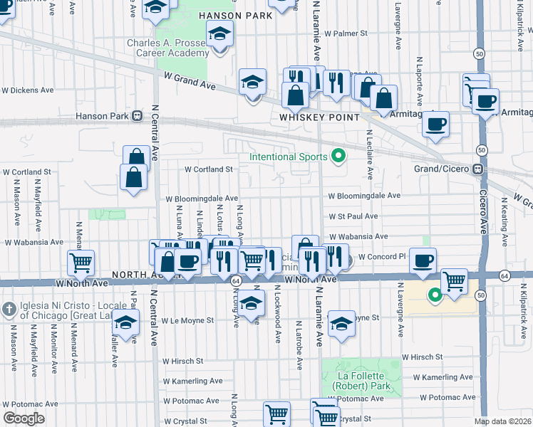 map of restaurants, bars, coffee shops, grocery stores, and more near 1737 North Lorel Avenue in Chicago
