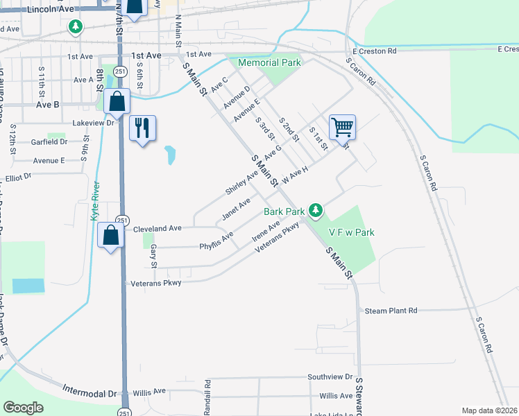 map of restaurants, bars, coffee shops, grocery stores, and more near 615 Dennis Street in Rochelle