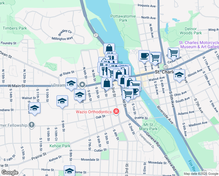 map of restaurants, bars, coffee shops, grocery stores, and more near 305 West Main Street in St. Charles