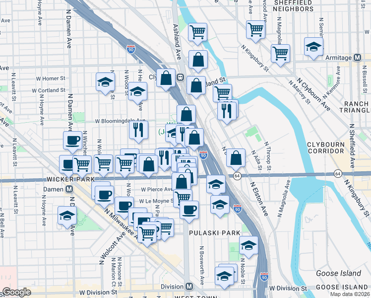 map of restaurants, bars, coffee shops, grocery stores, and more near 1600 W Wabansia Ave in Chicago