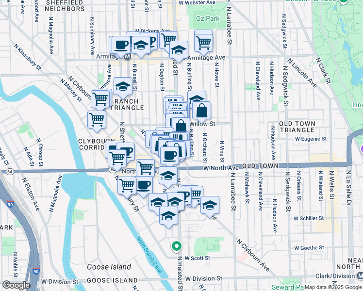 map of restaurants, bars, coffee shops, grocery stores, and more near 1653 North Halsted Street in Chicago