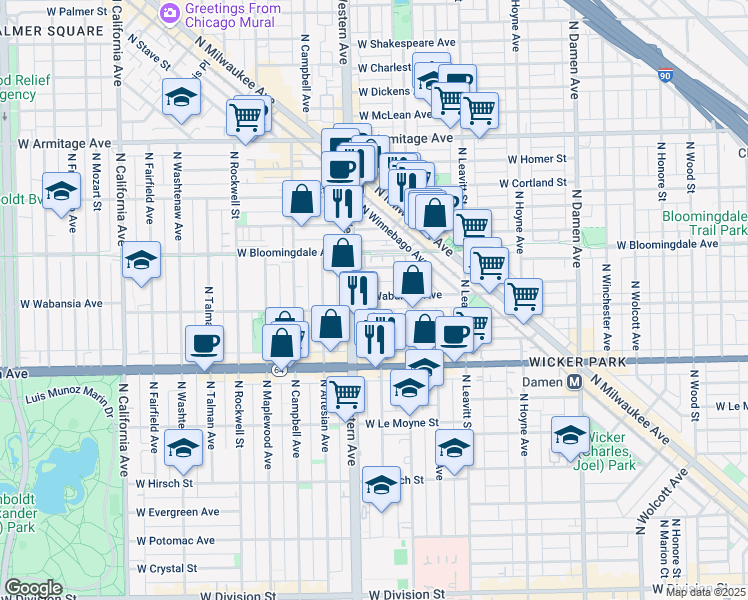 map of restaurants, bars, coffee shops, grocery stores, and more near 1727 North Western Avenue in Chicago