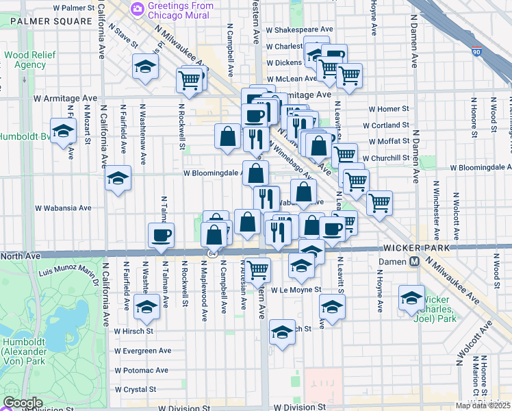 map of restaurants, bars, coffee shops, grocery stores, and more near 1727 North Western Avenue in Chicago
