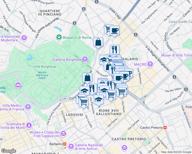 map of restaurants, bars, coffee shops, grocery stores, and more near 14 Via Po in Roma