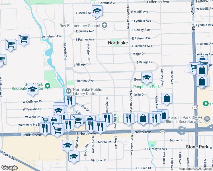 map of restaurants, bars, coffee shops, grocery stores, and more near 143 Bernice Avenue in Northlake