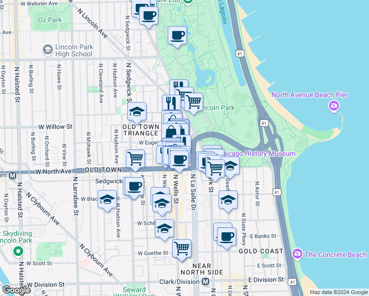map of restaurants, bars, coffee shops, grocery stores, and more near 170 West Eugenie Street in Chicago