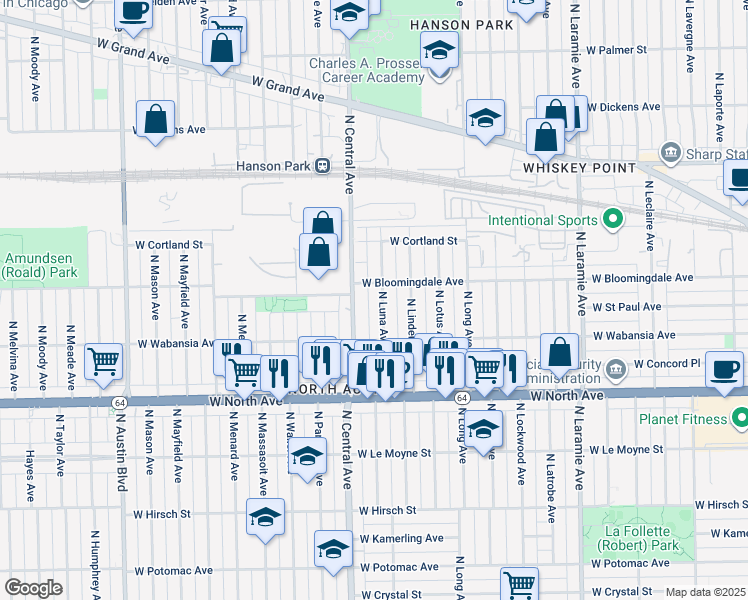 map of restaurants, bars, coffee shops, grocery stores, and more near 1742 North Luna Avenue in Chicago