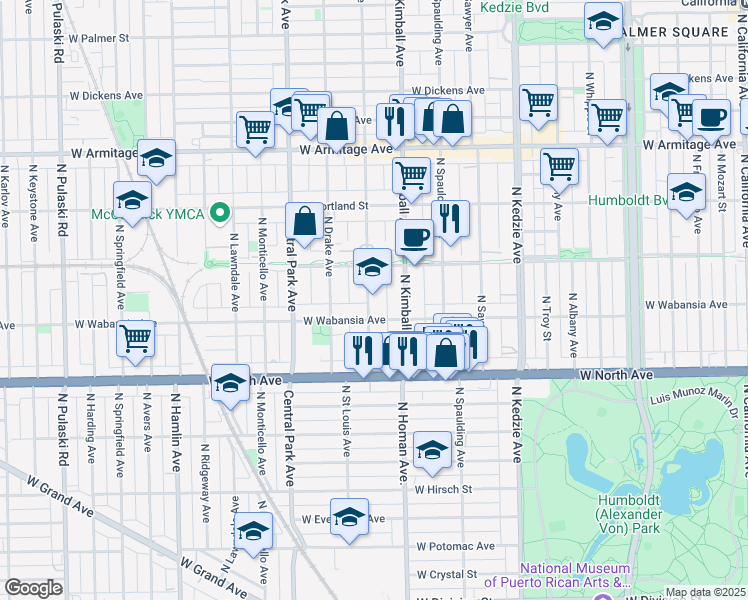 map of restaurants, bars, coffee shops, grocery stores, and more near 3444 West Wabansia Avenue in Chicago