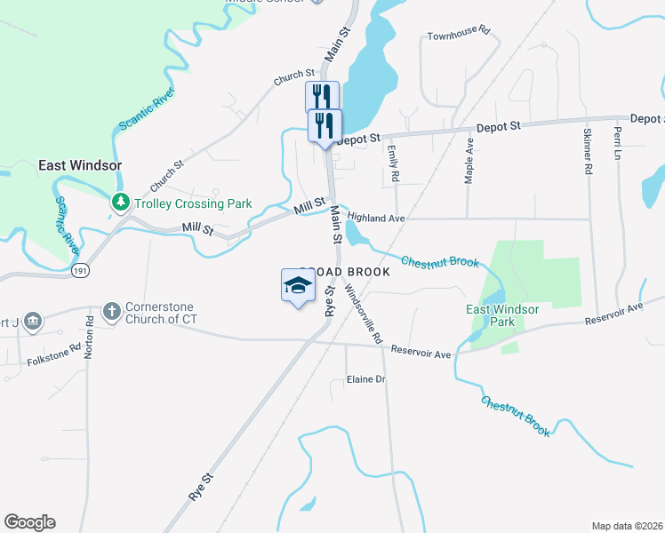 map of restaurants, bars, coffee shops, grocery stores, and more near 152 Main Street in East Windsor