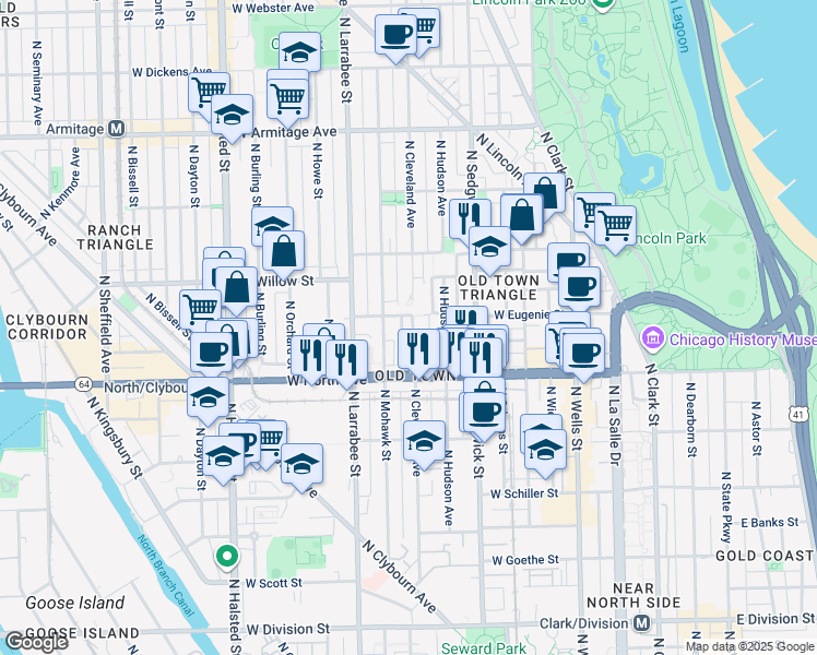 map of restaurants, bars, coffee shops, grocery stores, and more near 518 West Eugenie Street in Chicago