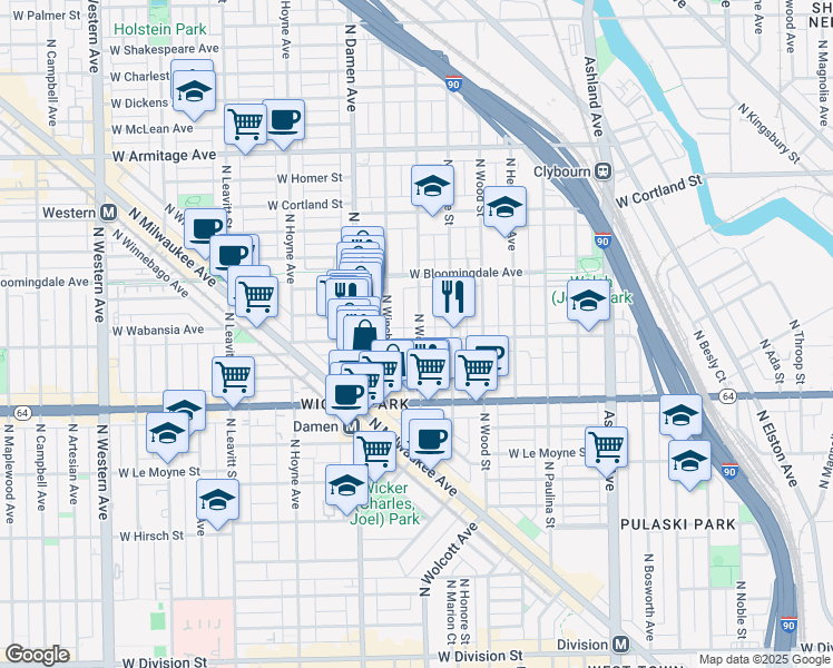 map of restaurants, bars, coffee shops, grocery stores, and more near 1723 North Wolcott Avenue in Chicago