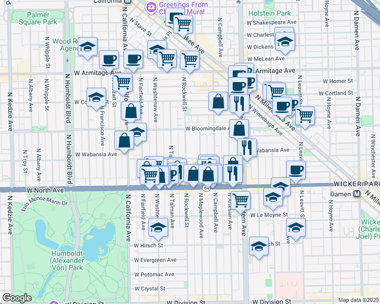 map of restaurants, bars, coffee shops, grocery stores, and more near 1728 North Maplewood Avenue in Chicago