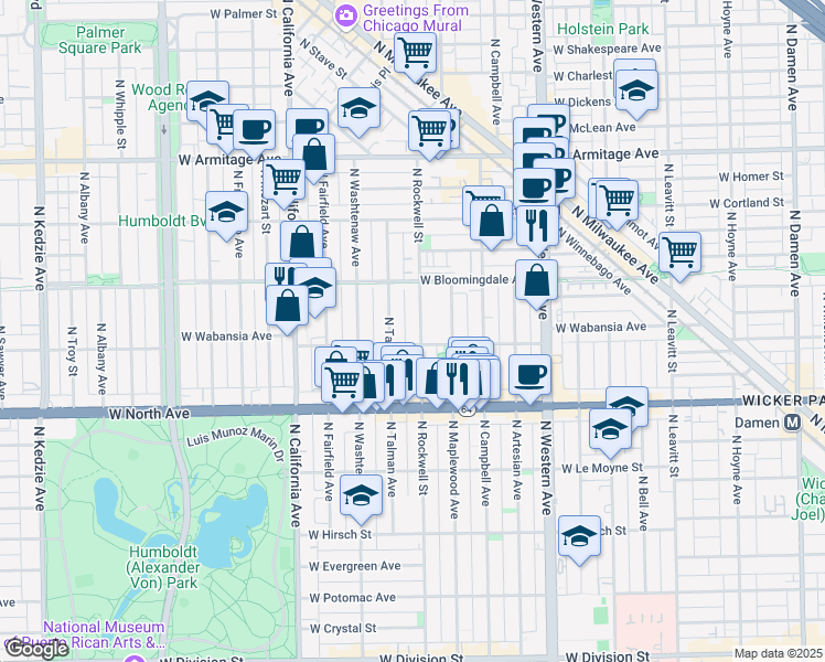 map of restaurants, bars, coffee shops, grocery stores, and more near 1731 North Talman Avenue in Chicago