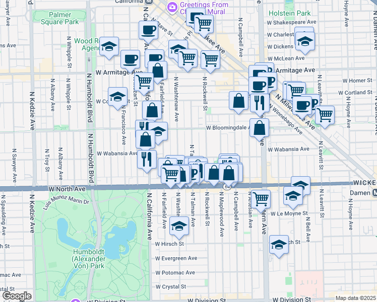 map of restaurants, bars, coffee shops, grocery stores, and more near 1731 North Talman Avenue in Chicago