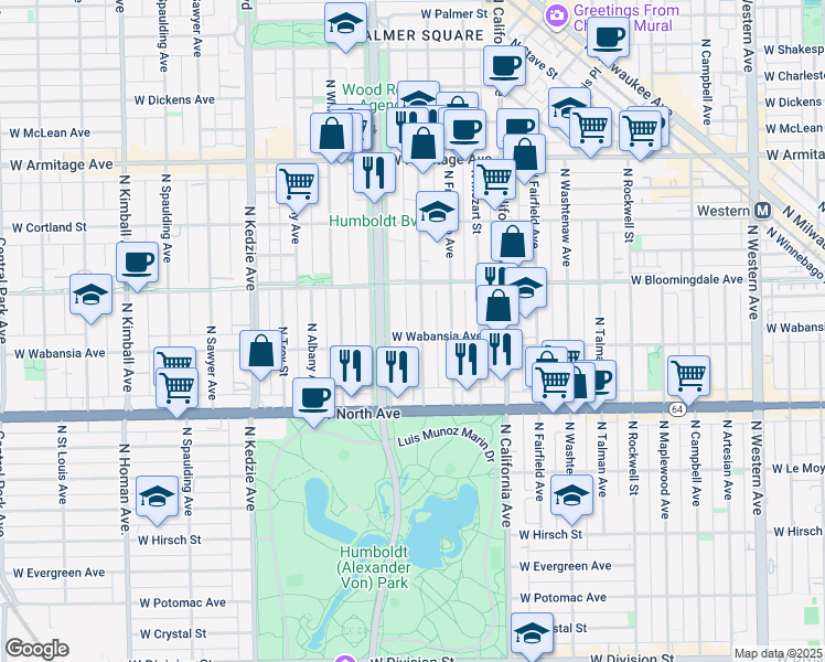 map of restaurants, bars, coffee shops, grocery stores, and more near 1720 North Richmond Street in Chicago