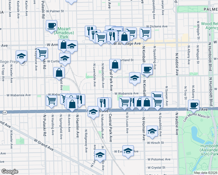 map of restaurants, bars, coffee shops, grocery stores, and more near 1738 North Central Park Avenue in Chicago