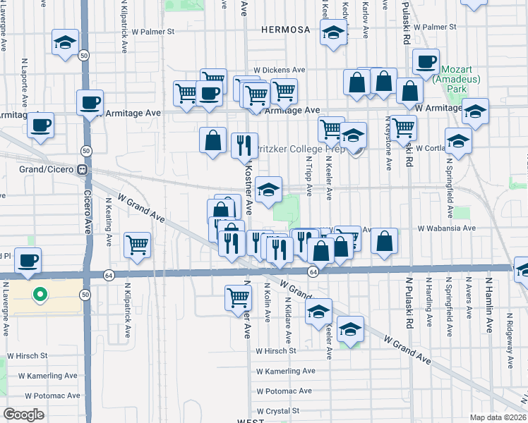 map of restaurants, bars, coffee shops, grocery stores, and more near 1800 North Kildare Avenue in Chicago