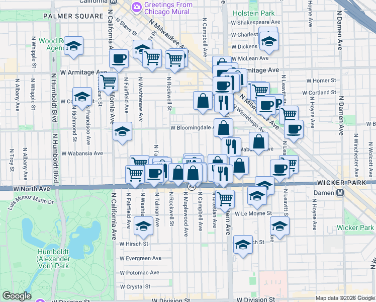 map of restaurants, bars, coffee shops, grocery stores, and more near 1711 North Maplewood Avenue in Chicago