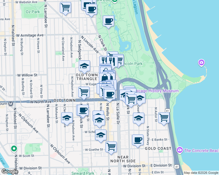 map of restaurants, bars, coffee shops, grocery stores, and more near 170 West Eugenie Street in Chicago