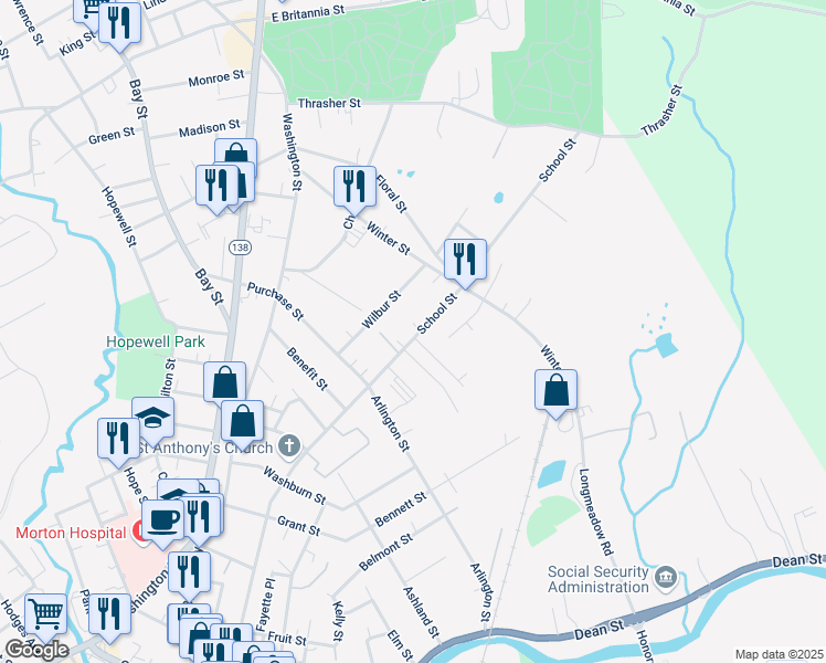 map of restaurants, bars, coffee shops, grocery stores, and more near 200 School Street in Taunton