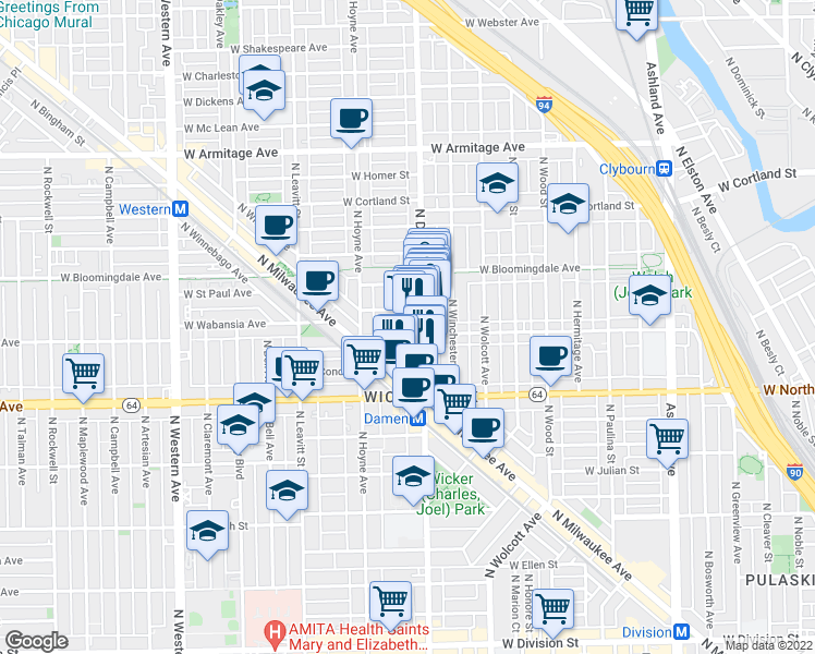 map of restaurants, bars, coffee shops, grocery stores, and more near 2015 West Saint Paul Avenue in Chicago