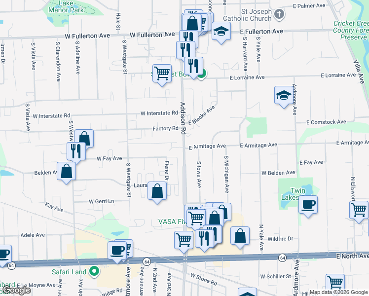 map of restaurants, bars, coffee shops, grocery stores, and more near 21 Factory Road in Addison
