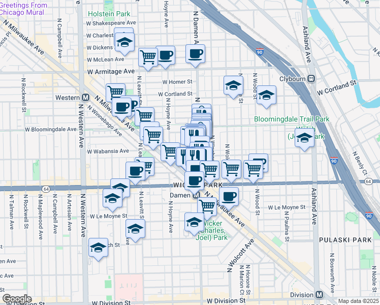 map of restaurants, bars, coffee shops, grocery stores, and more near 2015 West Saint Paul Avenue in Chicago