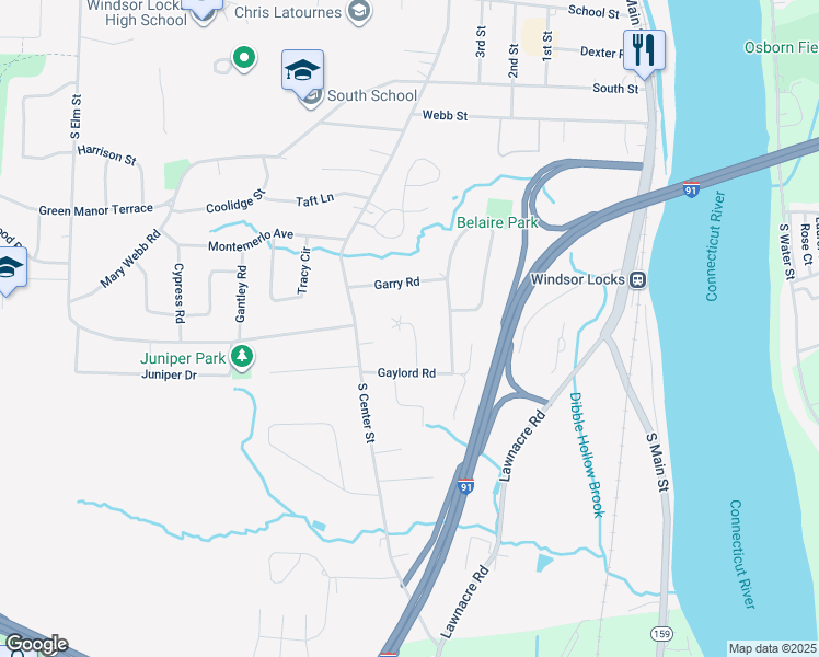 map of restaurants, bars, coffee shops, grocery stores, and more near 35 Lownds Drive in Windsor Locks