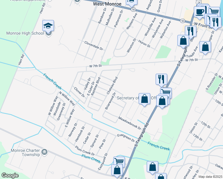 map of restaurants, bars, coffee shops, grocery stores, and more near 1157 Chateau Boulevard in Monroe