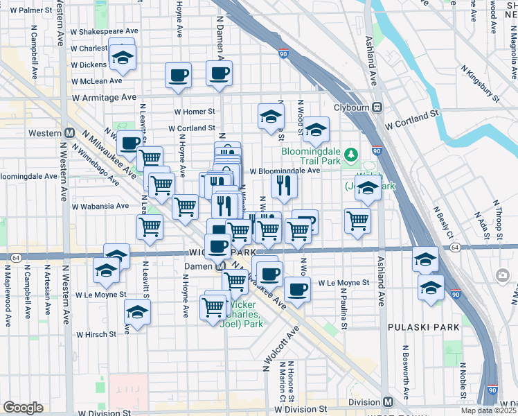 map of restaurants, bars, coffee shops, grocery stores, and more near 1723 North Wolcott Avenue in Chicago