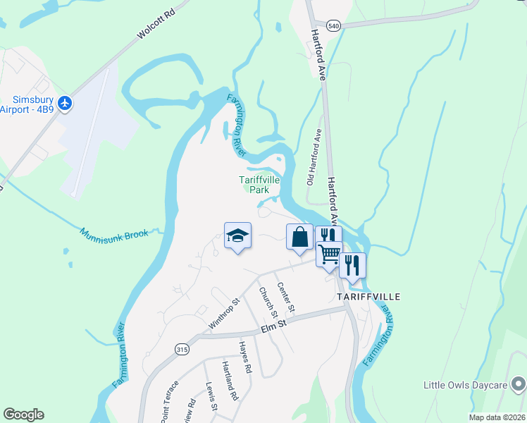 map of restaurants, bars, coffee shops, grocery stores, and more near 22 Main Street Extension in Simsbury