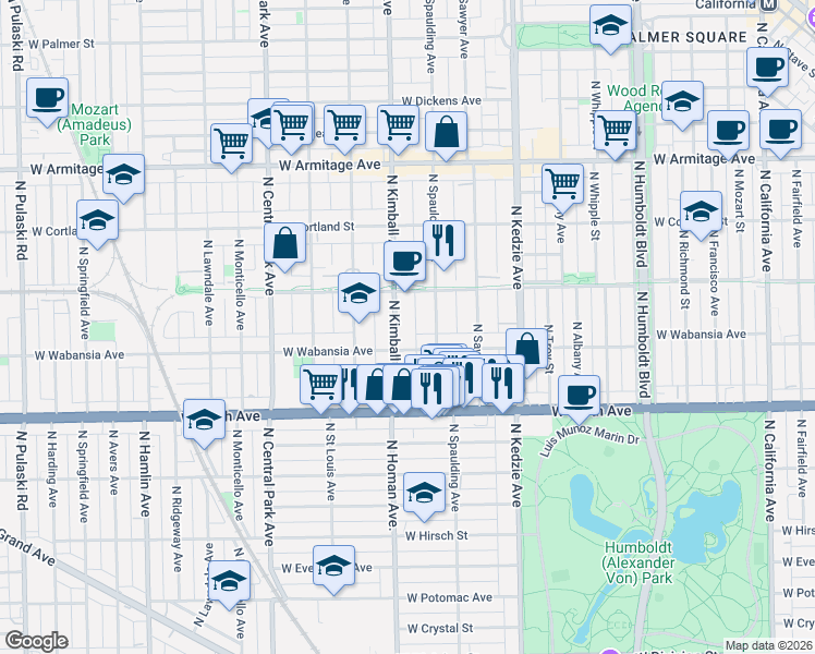 map of restaurants, bars, coffee shops, grocery stores, and more near 1735 North Kimball Avenue in Chicago