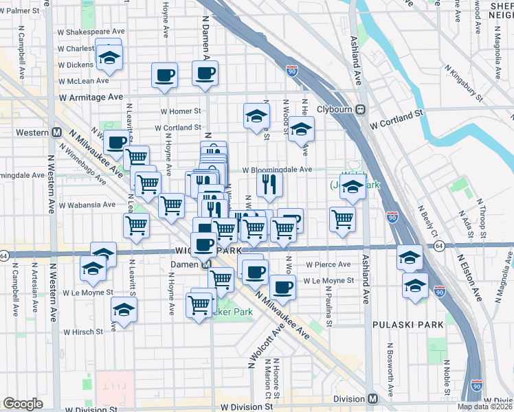 map of restaurants, bars, coffee shops, grocery stores, and more near 1723 North Wolcott Avenue in Chicago